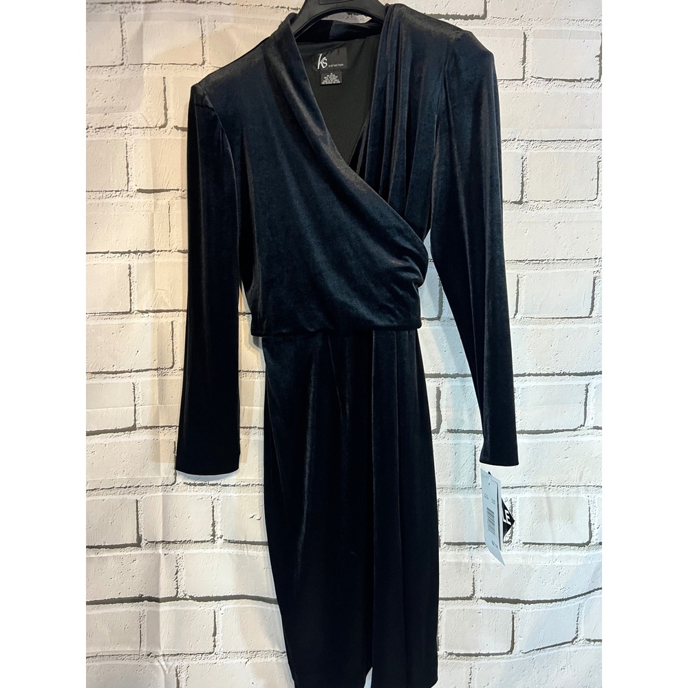 KS Collection Black Velvet Faux Wrap Dress Long Sleeve Y2K Surplice Midi 14 NWT